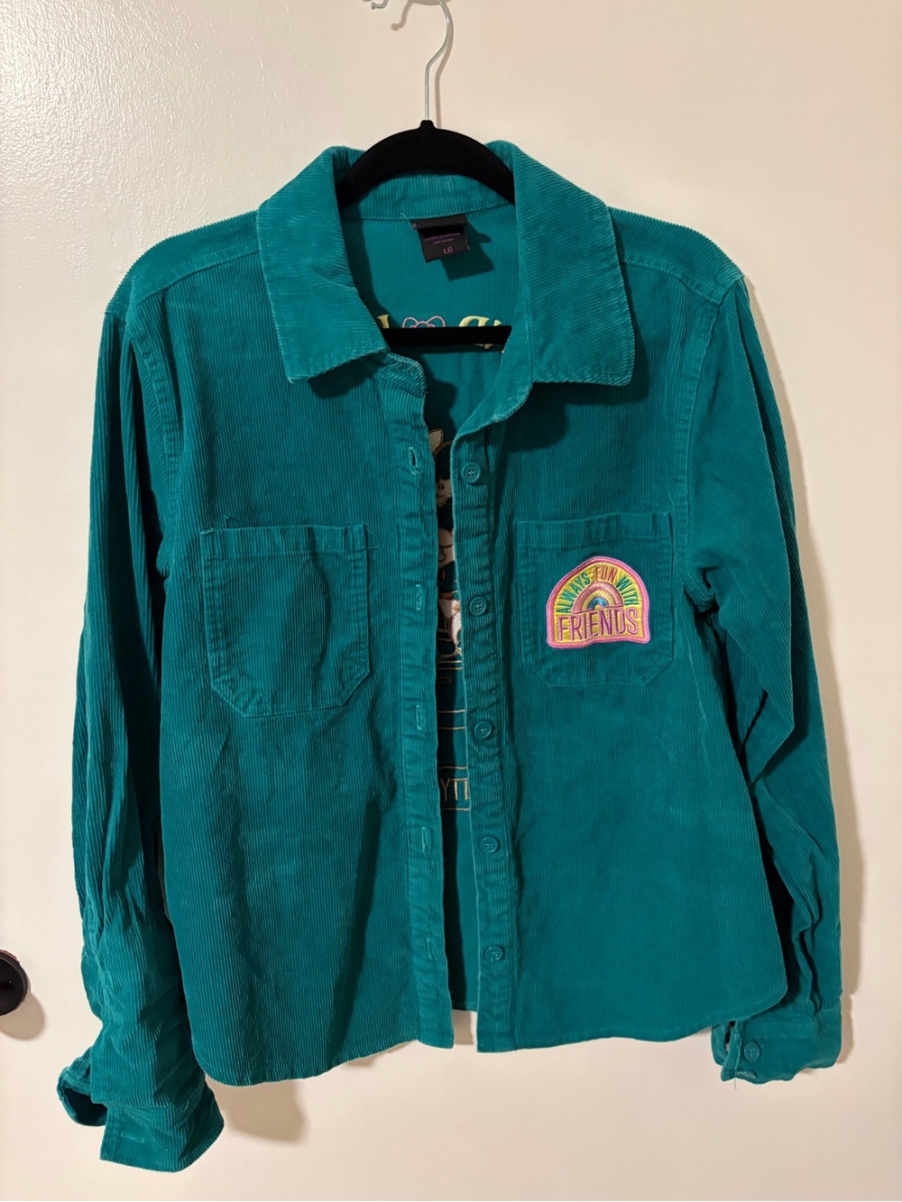 Hello Kitty Teal Corduroy Button-Down Shirt with Colorful Back Graphic - Picture 4 of 8